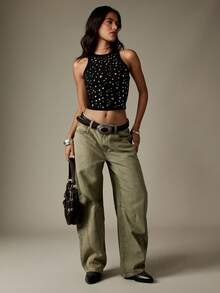 MISSGUIDED 铆钉背心罗纹针织短款露背无袖节日复古 Y2K 时尚夏季金属装饰派对俱乐部夜间外出时尚魅力 - 黑色 - 查看 4