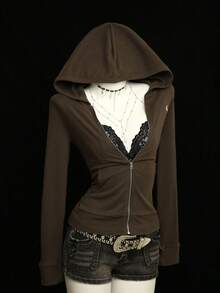 Elamini 1 件棕色刺绣连帽拉链修身长袖复古休闲轻便夹克，适合女士，秋冬