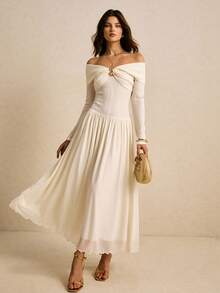 Poéselle 象牙色露肩扭结前襟长款连衣裙，褶皱胸衣搭配飘逸雪纺裙摆——浪漫田园风优雅，露肩长款连衣裙，象牙色婚礼宾客礼服，优雅派对礼服，田园风时尚，褶皱胸衣礼服，飘逸雪纺裙，浪漫约会之夜装扮，低调奢华风格，秋季新娘送礼会造型，纹理金属扣露肩中长连衣裙，女士秋季服装 - 杏色 - 查看 2