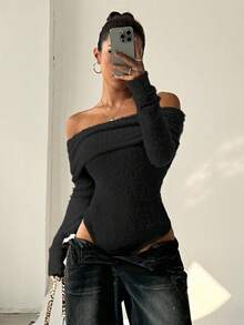 FavEase 秋冬款厚款露肩高领长袖紧身衣 - 黑色 - 查看 6