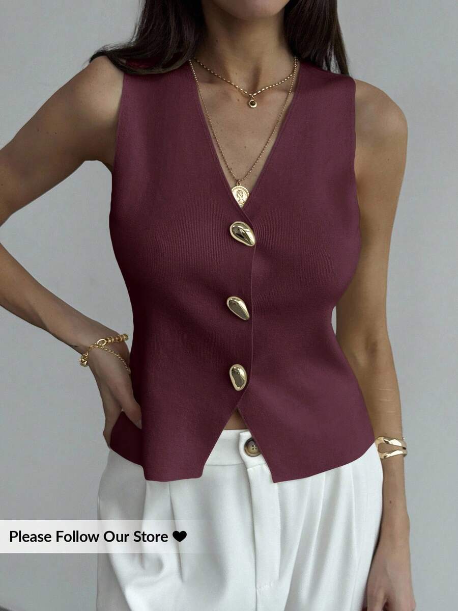 Aloruh Women's Solid Color V-Neck Front Button Casual Fashion Sweater Vest Summer Holiday Simple Commuter Sweater Vest With Unique Metal Buckle Office