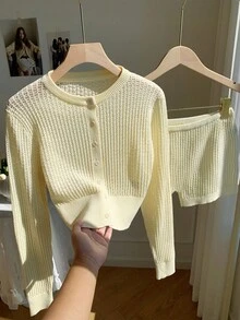 SHEIN EZwear 2pcs Women Knit Crochet Cardigan In Cream And Shorts Sweater Set,Summer Outfits For Women,Beach Outfits For Woman - Apricot - View 1