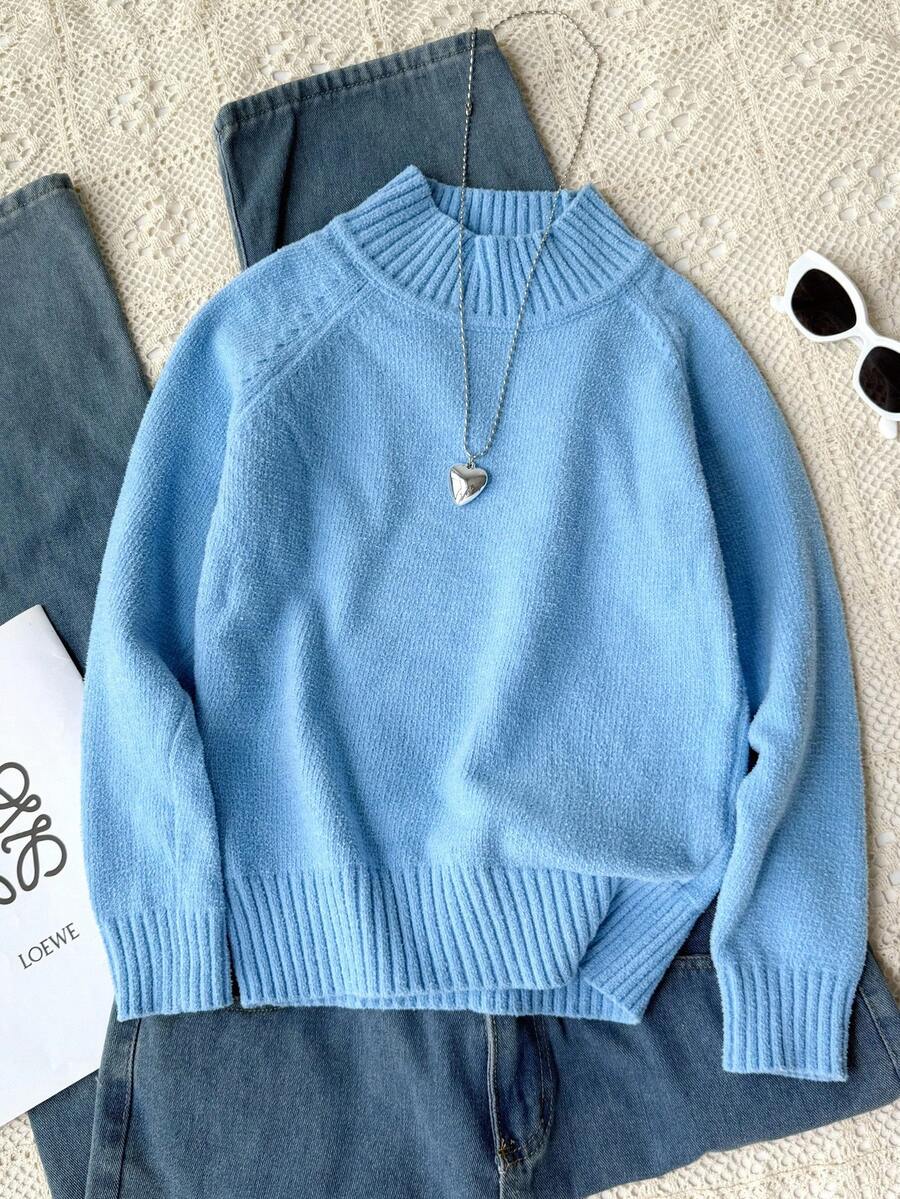 SHEIN Girls' Oversized Stand Collar Sweater, All-Match Blue, Soft Fabric, Versatile, Essential For Autumn/Winter - Blue - View 1