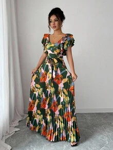 Elenzga Vestido elegante y romántico para mujer con cuello en V, estampado digital, volantes en la cintura y corte evasé, estilo vacacional - Multicolor - Ver 6