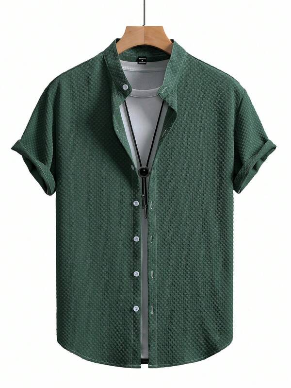Manfinity Homme 男士夏季休闲纯色纹理短袖衬衫 男士夏季衬衫 男士衬衫 男士夏季衬衫 男士衬衫 男士休闲衬衫