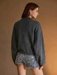 MOTF PREMIUM FAUX PEARL DETAIL STAND COLLAR DROP SHOULDER OVERSIZE SWEATER - Grey - View 3