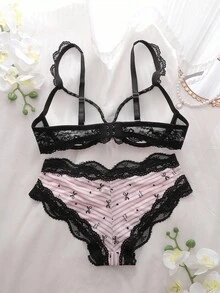 DelicateAllure Bộ 2 áo ngực và quần lót đệm màu hồng, trang trí nơ sọc tương phản, bộ đồ lót nữ dễ thương và quyến rũ - Hồng - Xem 2