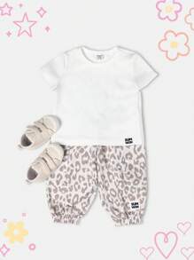 SUMWON Baby Girls Adorable Leopard Print Co-Ord Set T-Shirt With Elastic Waist Pants Summer Casual Comfortable Outfit - Multicolor - View 1