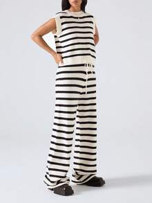 LYSMO 2025 Women Minimalism Black And White Striped Autumn Casual Everyday Contrast Knit Vest And Pants 2 Pieces Set Stockholm Style Business Outfits - Black and White - View 4