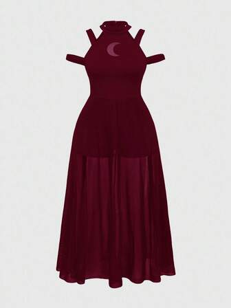 Große Größen Damen Gothic Cut Out Mond Mesh Patchwork Off-Shoulder Kleid, Burgund