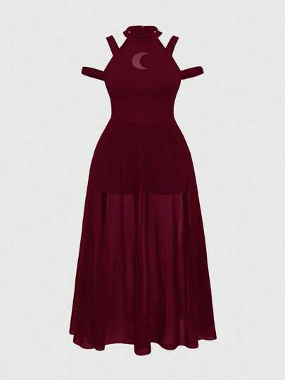 Goth Abito da donna taglie forti stile gotico, con dettagli in rete e luna cava, scollo spalle scoperte, colore bordeaux