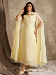 Roveilla Váy voan thanh lịch cổ khoét sâu, buộc chéo sau lưng, viền xòe, tay dài dành cho nữ, thích hợp đi biển, dự tiệc, trà chiều, cỡ lớn, xuân/hè/thu/đông - Màu vàng - Xem 8