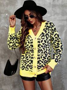 EMERY ROSE Women's Casual Everyday Leopard Print V-Neck Cardigan - Yellow - View 4