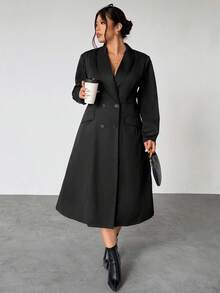 Firerie Plus Size Elegant Black Summer Formal Mandarin Collar Double Breasted Blazer Dress Women,Long Sleeve Flared Hem Tuxedo Jacket For Party,Weddings - Black - View 5