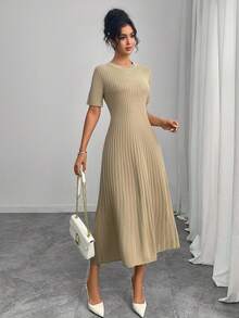 Modelyn Women's Casual Solid Color Ribbed Tie-Up Knit Dress - Khaki - View 5