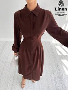 Siren Gaze 秋季女装冬季2025新款优雅棕色亚麻连衣裙，灯笼袖收腰衬衫裙，正式别致教师工作服，透气吸湿排汗派对休闲长裙，秋冬必备女装 - 棕色 - 查看 5