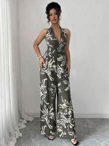 Breezaya 新款优雅高端连体裤，荷叶袖，黑色 - 軍綠色 - 查看 5