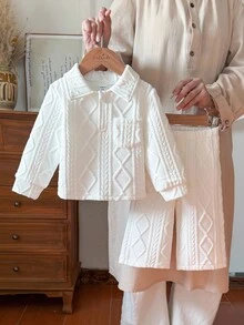 SHEIN 2pcs/Set Toddler Boys' Casual Versatile Polo Collar Long Sleeve Top And Pants Set, Suitable For Spring, Autumn, Winter, Daily Wear Fall - White - View 3