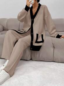 EURMUSE Women's Open Front Colorblock Cardigan And Knitted Pants Set - Multicolor - View 3