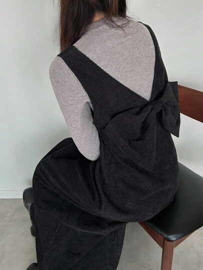 FRIFUL Women's Black Solid Color Straight Long Dress, Autumn Dress, Casual Dress