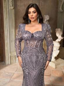 Aureia Elegantes Luxus-Abendkleid in Große Größen mit tiefem Ausschnitt, transparenten Ärmeln, Taille mit Perlen und Pailletten und Meerjungfrauensaum, geeignet für Hochzeitsgäste, Partys, formelle Anlässe, Bankette - Grauviolett - Übersicht 5