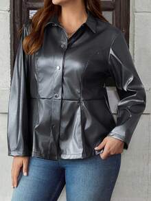 EMERY ROSE 大码女式枪灰色荷叶边PU皮夹克，优雅通勤休闲秋冬商务休闲新年穿搭 - 灰色 - 查看 5