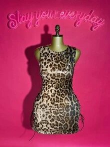 Slaydiva 2025 年夏季新品，适合生日派对、返校、校园风格、日常穿着、休闲装、度假装、邮轮旅行、海滩、日光浴、病毒式、街头服饰、性感俱乐部、圆领无袖、紧身迷你连衣裙、侧镂空、系带、性感、夏季迷你连衣裙、女式连衣裙、猎豹印花连衣裙 - 金色 - 查看 7