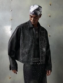 NEON BLANC Men's Black Spider Web Rhinestone Embellished Denim Shirt, Long Sleeve Top - Black - View 2