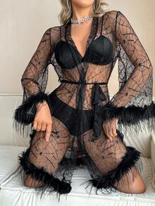 SHEIN SilkySpell 性感蜘蛛网网状长袍，透视修身镂空迷人睡袍，适合万圣节 - 黑色 - 查看 6