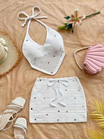 Soleia Vacation Sexy Sequin Decor Backless Halter Knit Top & Mini Skirt 2 Pieces Set Sequin Skirt  Sequin Top Country Concert Outfit Chic Women's Set Winter, Sequin Skirt,Glitter Top ,White Skirt ,Elegant Dress Women ,Birthday Outfit For Women,Beach Set,Summer Holiday Outfits