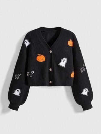 Women's Casual Ghost & Pumpkin Pattern Long Sleeve Single-Breasted Knit Cardigan, Autumn, Halloween