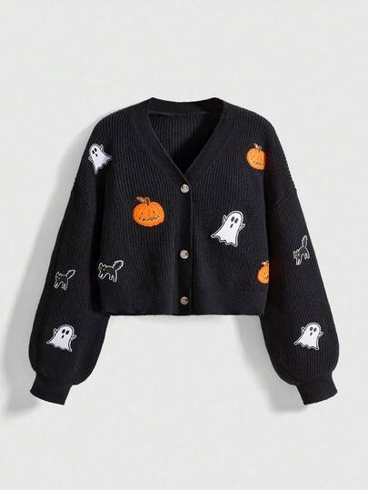 ROMWE Cardigan tricotat cu un singur nasture, cu mânecă lungă și model fantomă și dovleac, casual, toamnă, Halloween