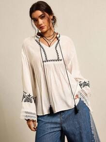 Freevana Plus Size Women's Floral Print Drop Shoulder Long Sleeve Lace Patchwork Loose Fashion Blouse White Boho Top Peasant Blouse Going Out Tops Fall Women Clothes Western Vintage Back To School