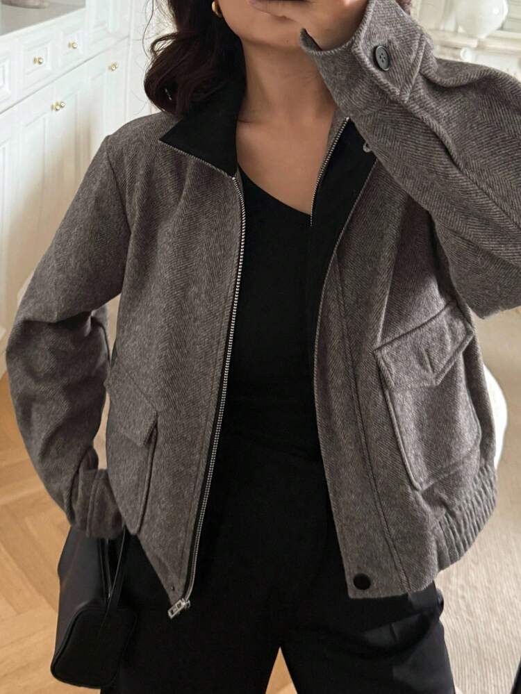 Women's Contrast Color Collar Pocket Decor Long Sleeve Casual Regular Jacket Women Coats