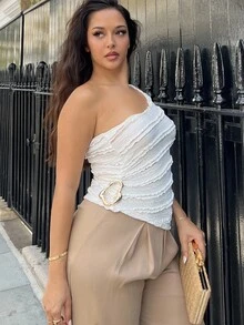 NegzBox Women's New Spring & Summer Asymmetrical One Shoulder Blouse, Textured Fabric, Metal Button Decor, Suitable For Beach Vacation - Apricot - View 5