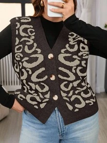 SHEIN Frenchy Plus Size Casual Leopard Print Knitted Vest Cardigan Sleeveless Cardigan Sweater Vest For Women Women Vest Vests For Women In Fall/Winter