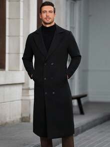 Manfinity Mode Áo khoác dài tay cổ ve trơn màu, hai hàng khuy, thường ngày cho nam, Thu/Đông - màu đen - Xem 4