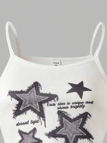 3 件套青少年女孩休闲舒适长袖短款连帽运动衫、牛仔星星印花吊带背心和牛仔印花裤套装，演唱会服装