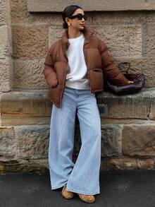 DAZY Solid Color Loose Cropped Zip Pocket Padded Thick Padded Coat For Women Winter Jacket