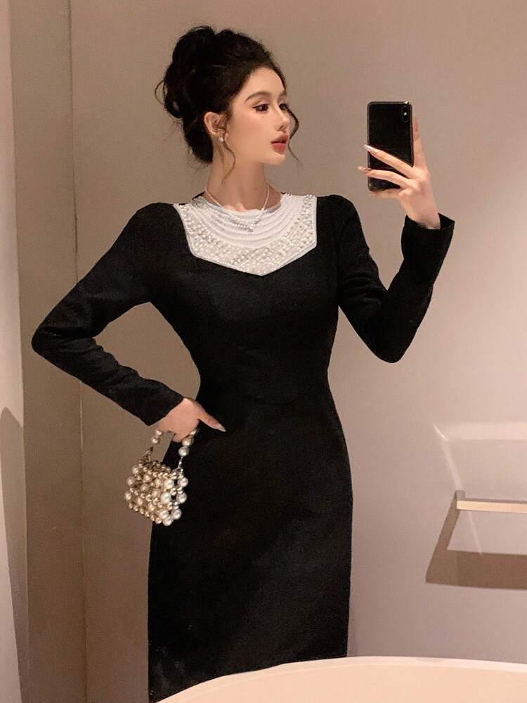 Vintage French Style Fitted Bodycon Little Black Dress, Slimming & Flattering, Long Dress For Women, Autumn Maxi Dress