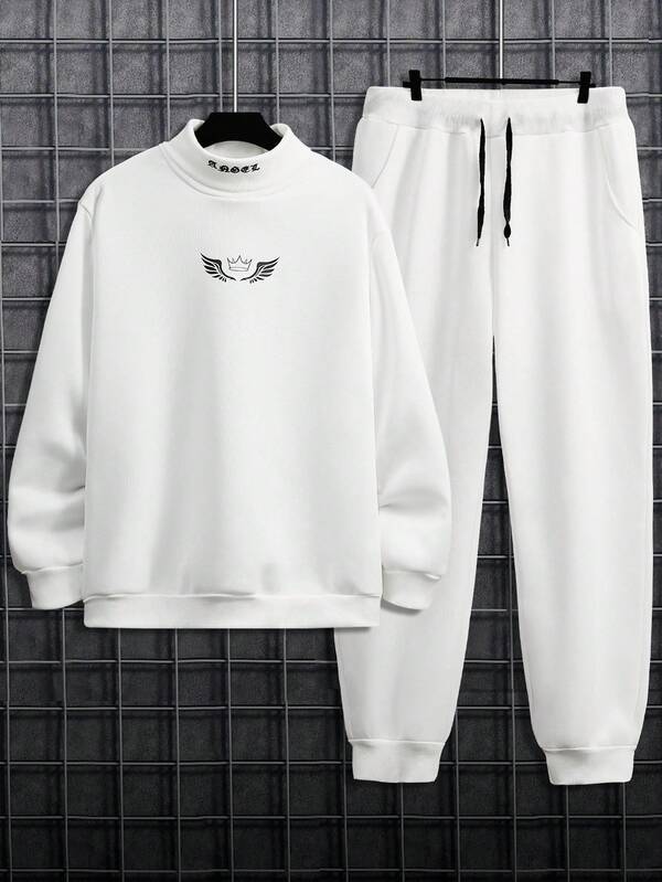 Manfinity Homme 秋季大码男士皇冠与翅膀印花高领长袖运动衫和运动裤休闲宽松西装