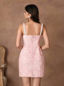 Anewsta Savoree New Elegant Party/Date Dress With Luxurious Textured Floral Fabric, Beaded Decor, Spaghetti Strap, Bodycon Silhouette, Short Length, Spring/Summer - Pink - View 2