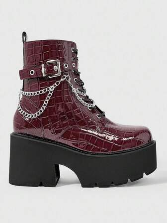 Grunge Punk Botas de tobillo con suela gruesa y tacón ancho de estilo punk para mujer, botas de combate con plataforma y decoración de cadena metálica de estilo gótico, cómodas