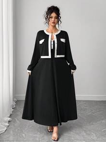 Elenzga بدلة سيدة أنيقة للتنقل مكونة من جاكيت قصير بأكمام طويلة مع تريم متباين وفستان منزلق مقاس كبير للسيدات، مجموعة من قطعتين - الأسود - مشاهدة 5