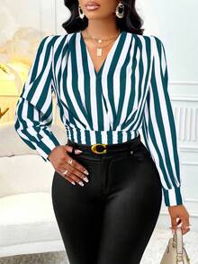 SOLERSUN Áo sơ mi xếp ly nhún hai bên (Hoa ngẫu nhiên) - Màu xanh lá cây đậm - Xem 5