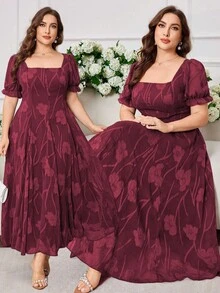 Modelyn 优雅雪纺提花方领短袖A字大码连衣裙，春夏 - 酒紅色 - 查看 1