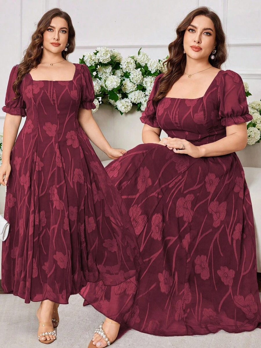 Modelyn 优雅雪纺提花方领短袖A字大码连衣裙，春夏 - 酒紅色 - 查看 1