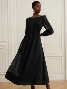 Aveloria Rosie New Romantic Vintage Tea Party Dress, Loose Fit Slimming, Elegant Off Shoulder Ruched Design, Lightweight Sheer Fabric, Puff Sleeves, Solid Color - Black - View 6