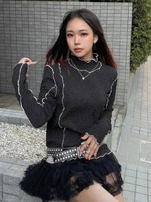 FRIFUL 女式黑色立领长袖撞色修身休闲T恤，秋季 - 黑色 - 查看 1