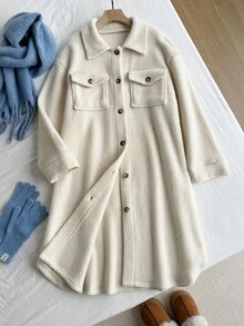 SHEIN EZwear Plus Size Casual Versatile Faux Fur Long Coat, Autumn/Winter White Sherpa Jacket - Beige - View 3